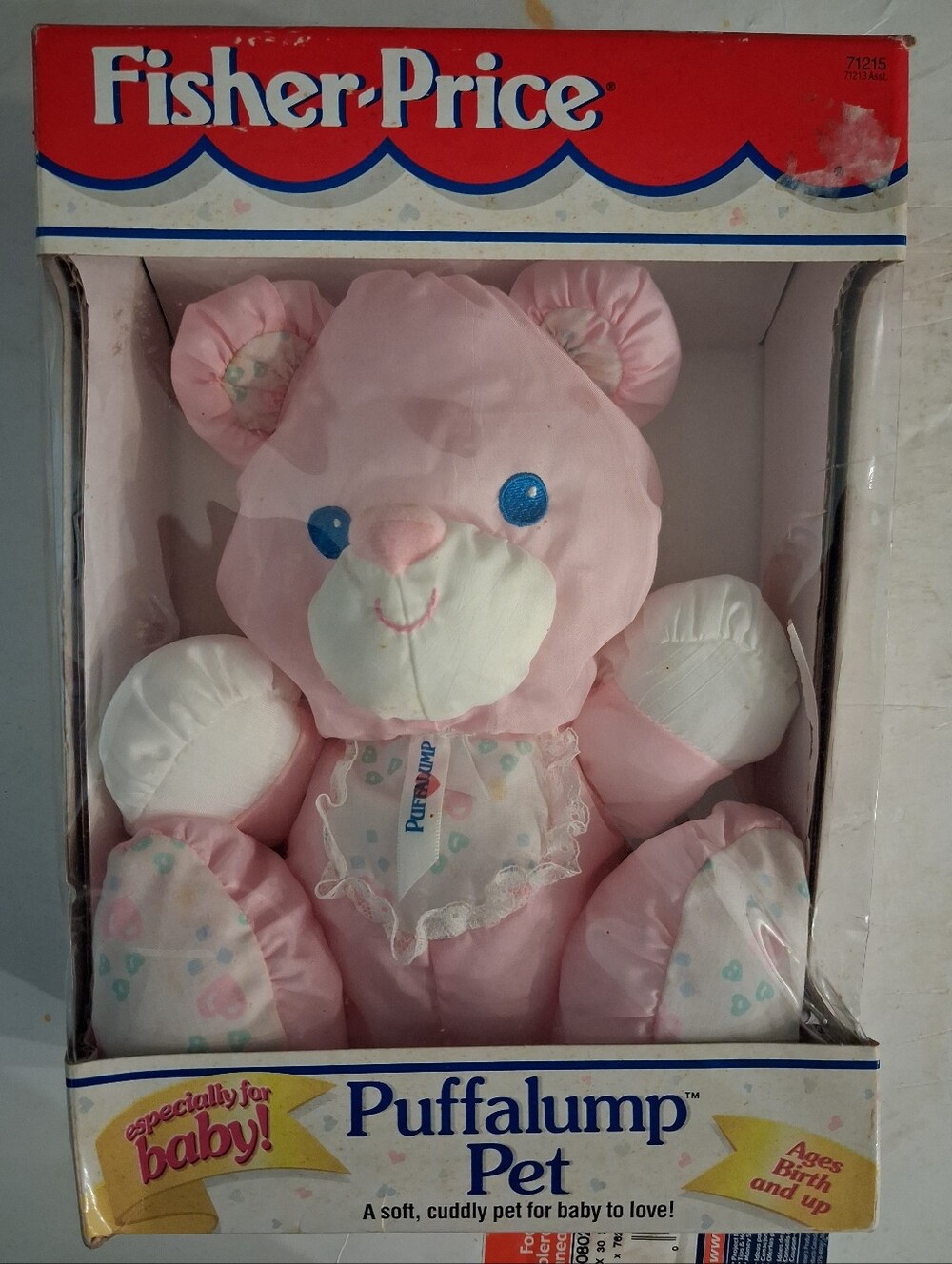 Vintage 1994 Fisher Price Puffalump 9” Baby Pink Nylon Teddy Bear Rattle